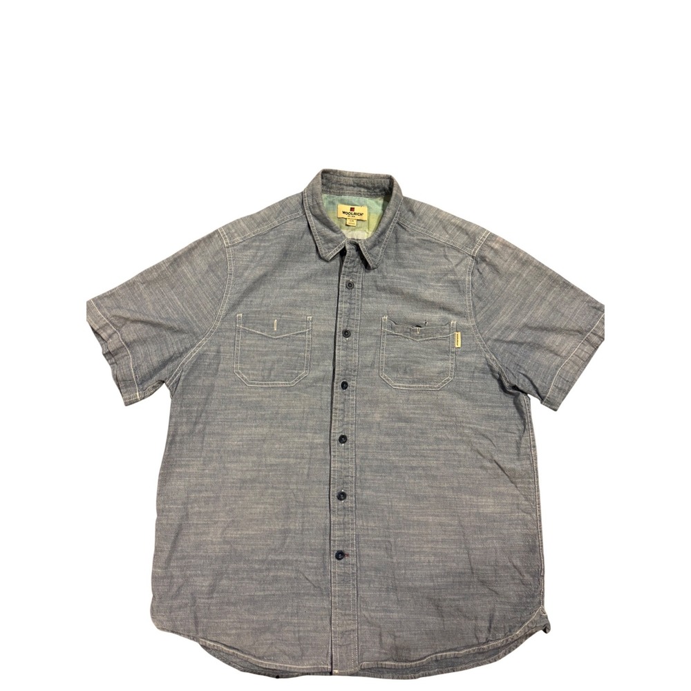 Woolrich Mens Blue Short Sleeve Button Down Shirt Large Chambray Style Pockets